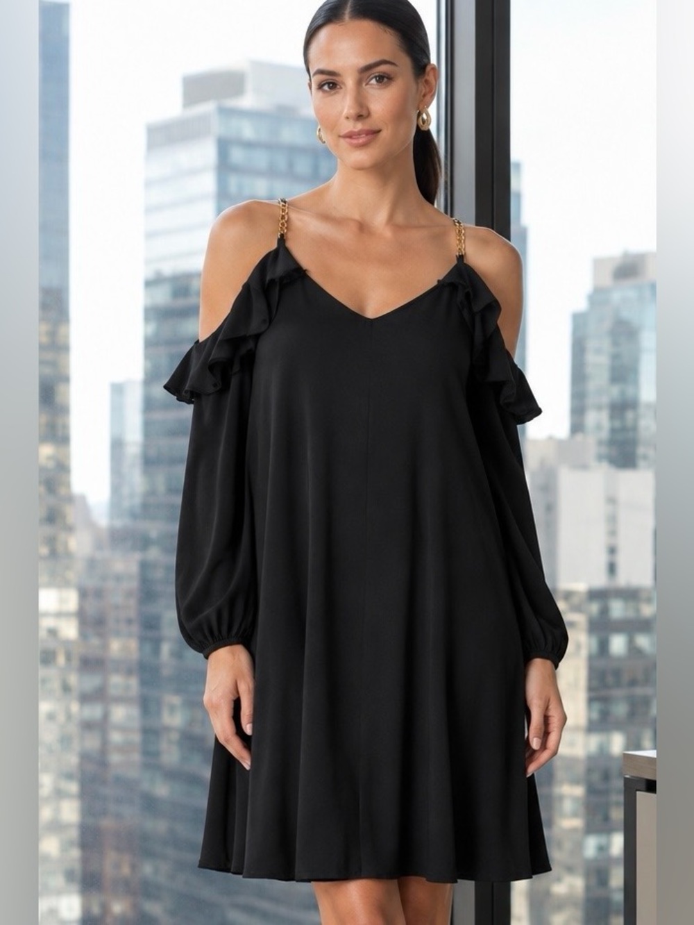 MICHAEL Michael Kors Black Cold-Shoulder Long-Sleeve Dress with Chain Straps